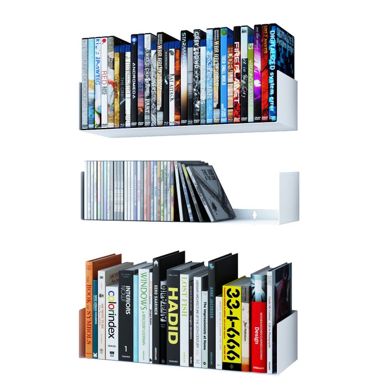 Wallniture Bali White Floating Shelves for Wall, CD DVD Storage Shelves and Metal Bookshelf Set of 3 - Image 1